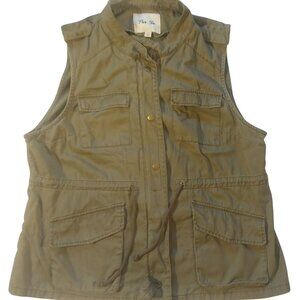 Per Se Womens Green Utility Vest 1X Cotton Sleeveless With Pockets & Drawstring